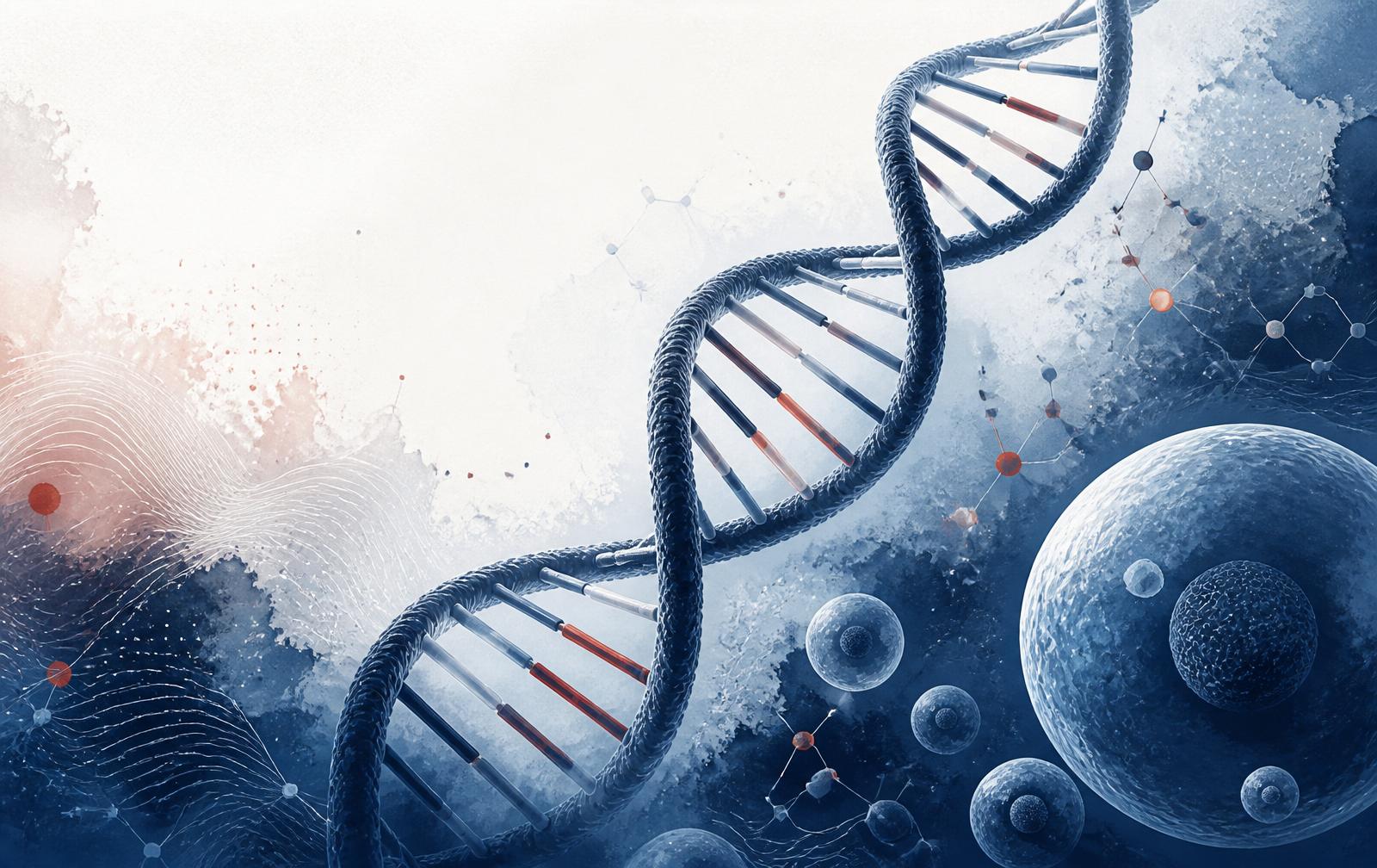 Ilustração de uma hélice de DNA, células e conexões moleculares